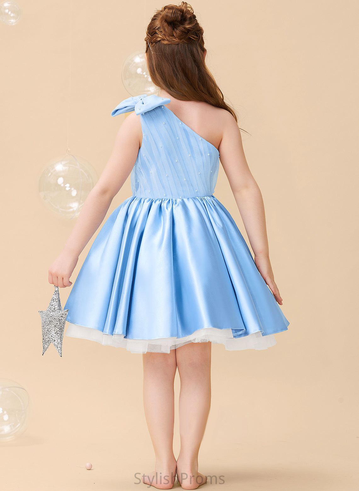 Logan Dress Beading/Bow(s) Knee-length Flower With Sleeveless Girl - Satin/Tulle A-Line One-Shoulder Flower Girl Dresses