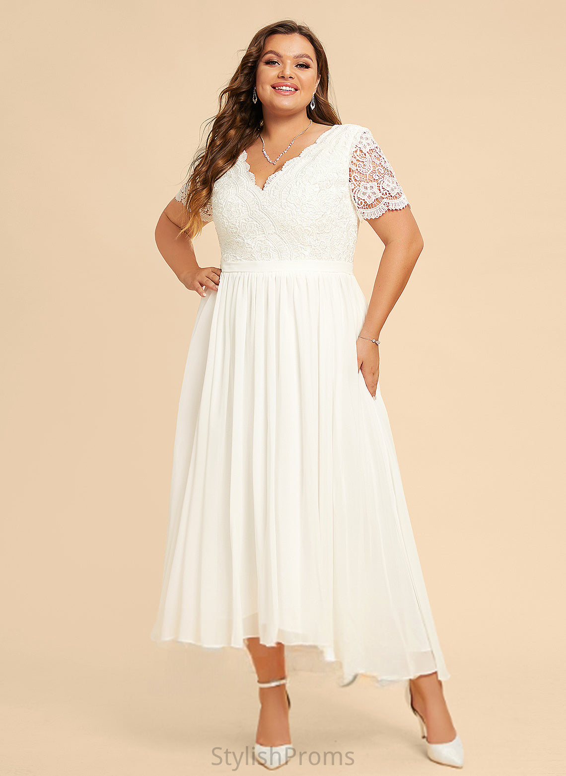 A-Line Wedding Dresses Dress Erika V-neck Chiffon Lace Asymmetrical Wedding