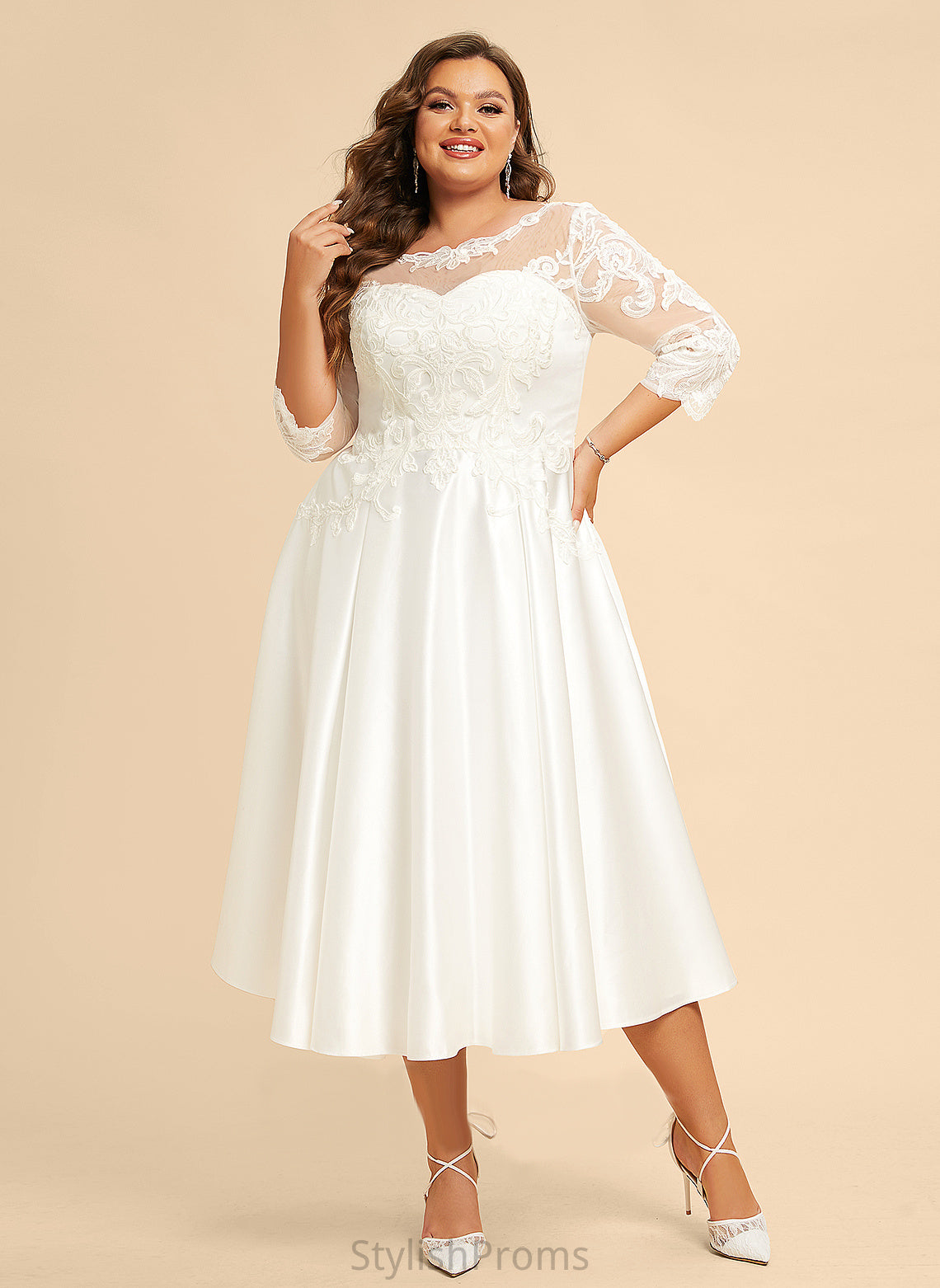 Tea-Length With Wedding A-Line Wedding Dresses Illusion Satin Dress Holly Lace