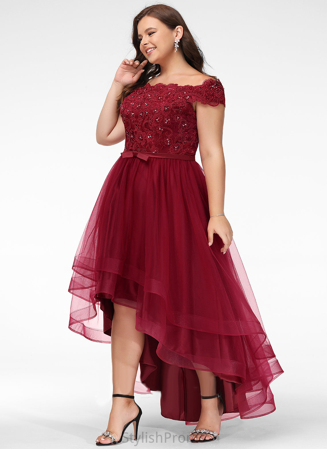 Lace Lace Paisley Asymmetrical With Beading Cocktail A-Line Cocktail Dresses Tulle Off-the-Shoulder Bow(s) Dress