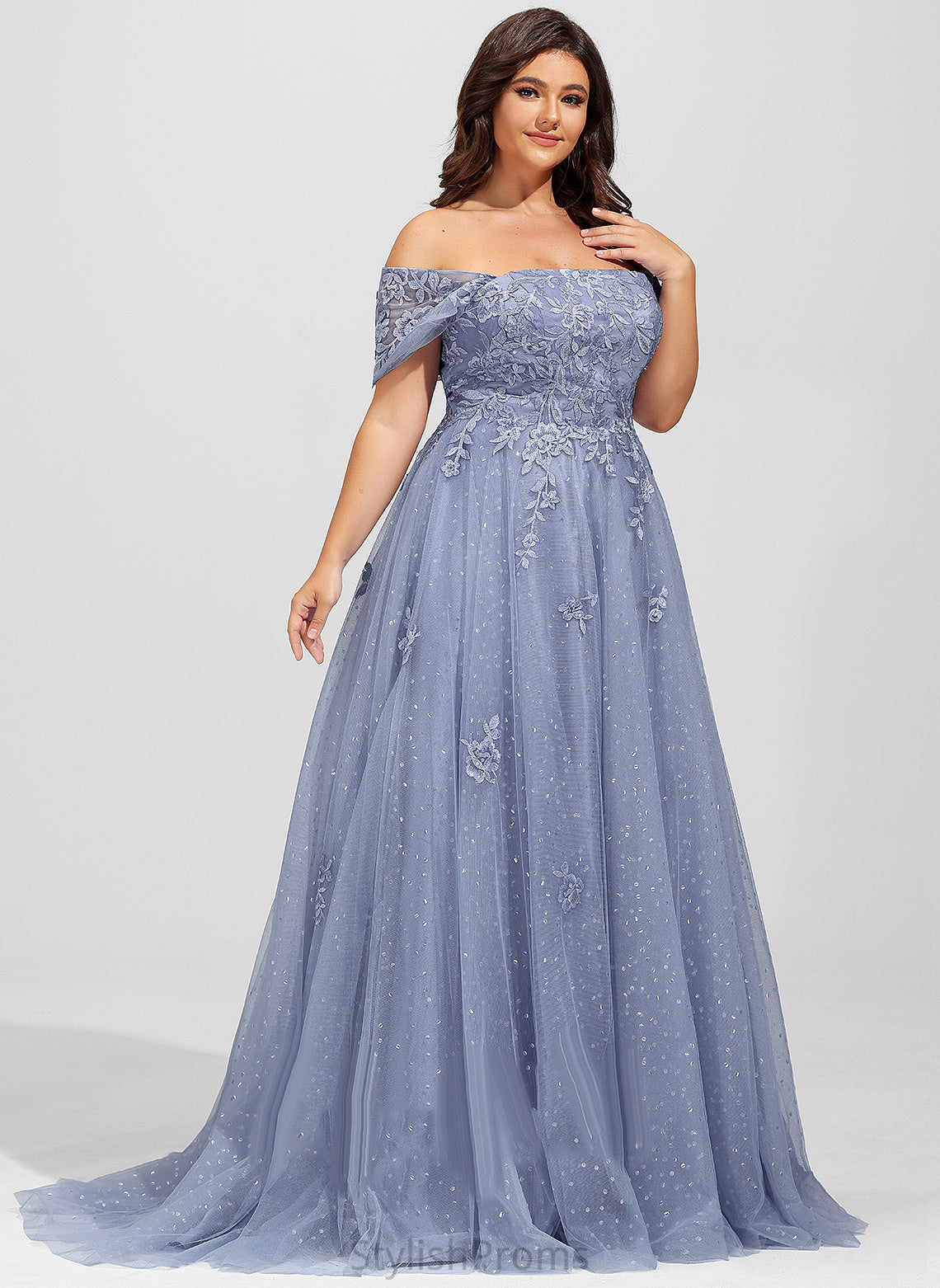 With Ashanti Sequins Lace Tulle Train Prom Dresses Sweep Off-the-Shoulder Ball-Gown/Princess