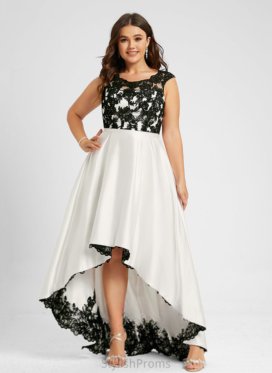 Lace Illusion Jayda Asymmetrical Satin A-Line Scoop Prom Dresses