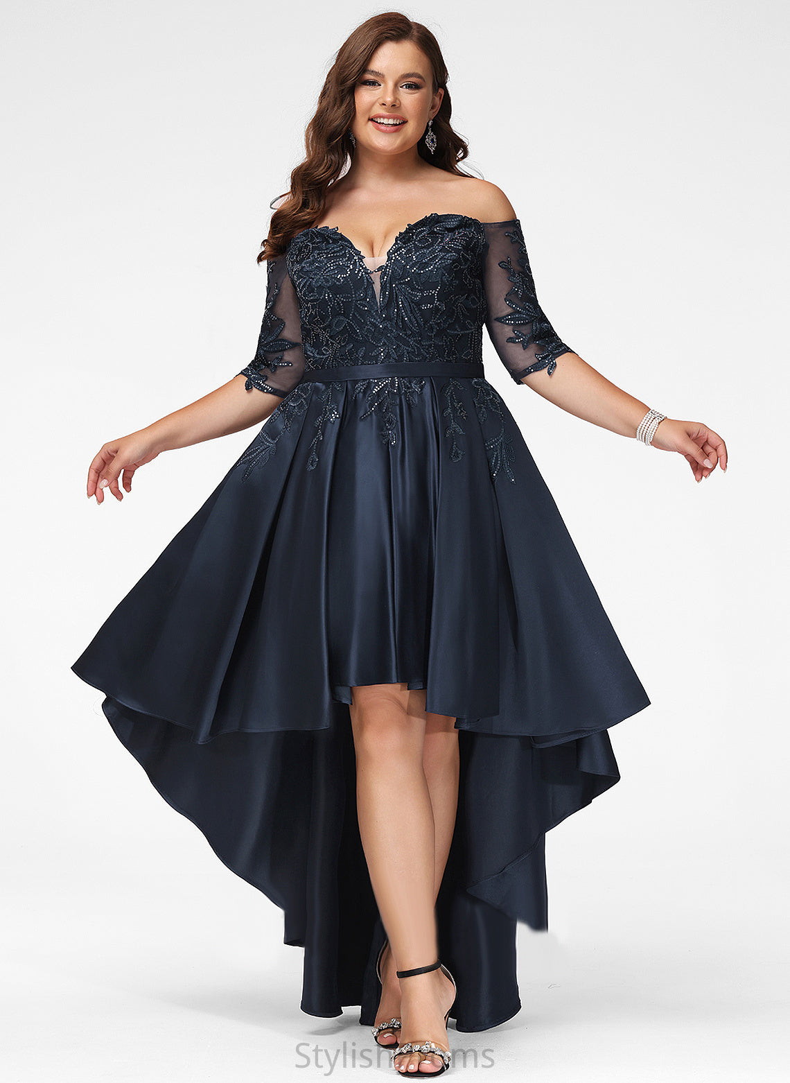 Satin Off-the-Shoulder Asymmetrical A-Line Lace Amaya Prom Dresses