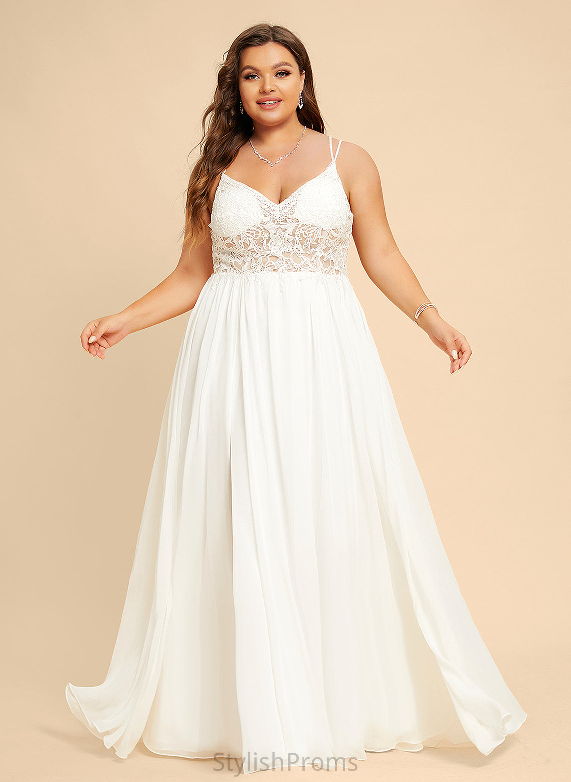 With Beading V-neck Lace A-Line Chiffon Tia Floor-Length Wedding Wedding Dresses Dress