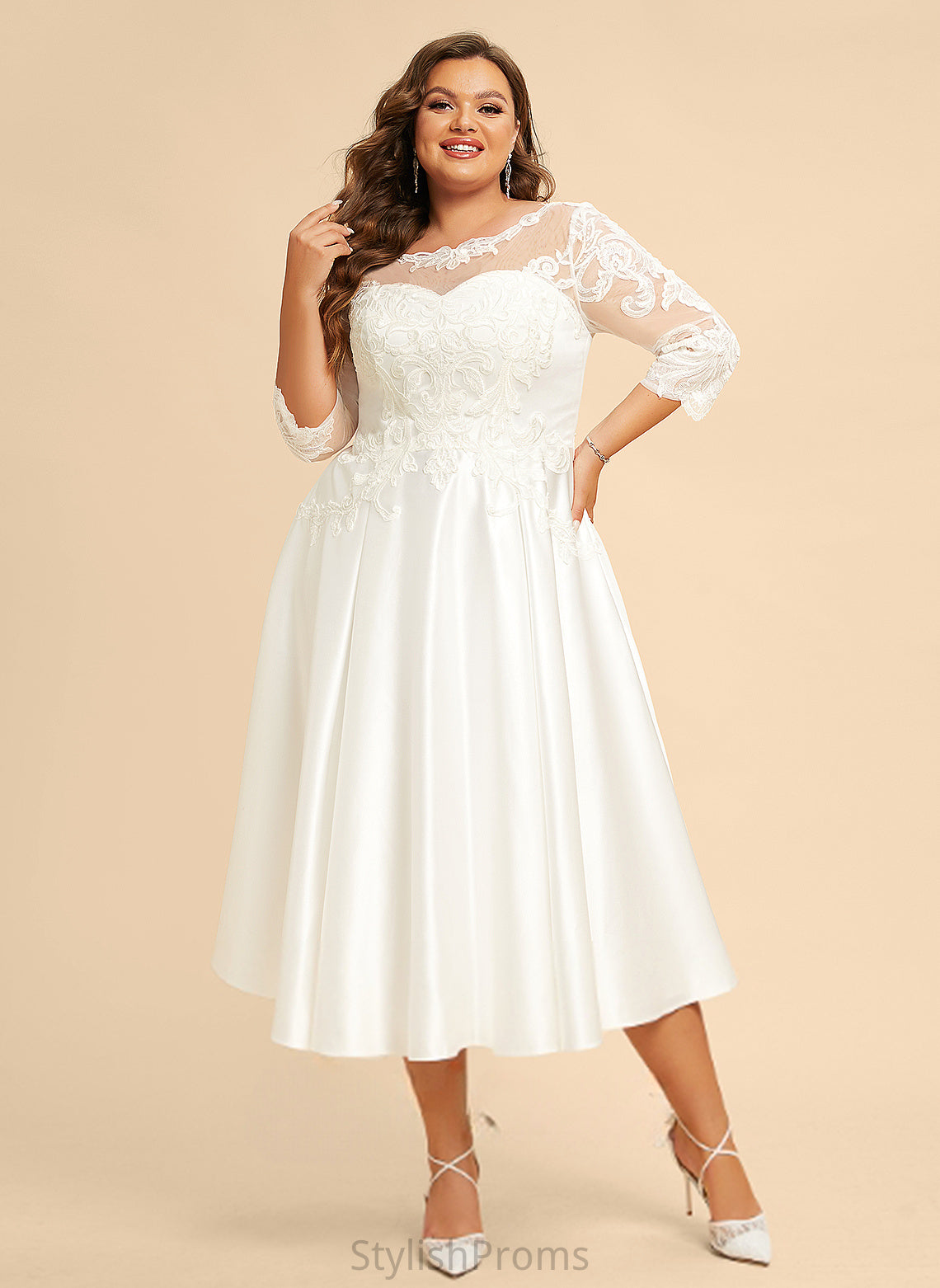 Lace Satin Illusion Harper Tea-Length Wedding Dresses Dress A-Line Wedding