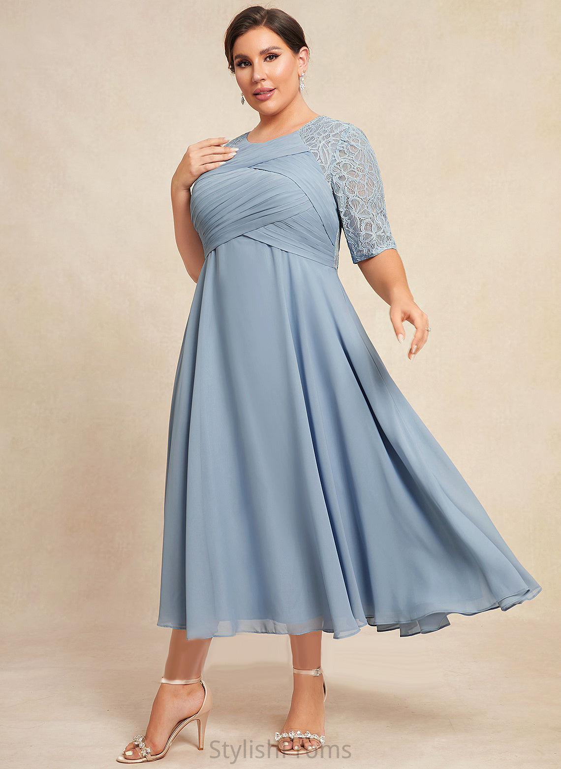 Lace Tea-Length Cocktail Scoop With Dress Cocktail Dresses Neck Chiffon Ruffle Averie A-Line