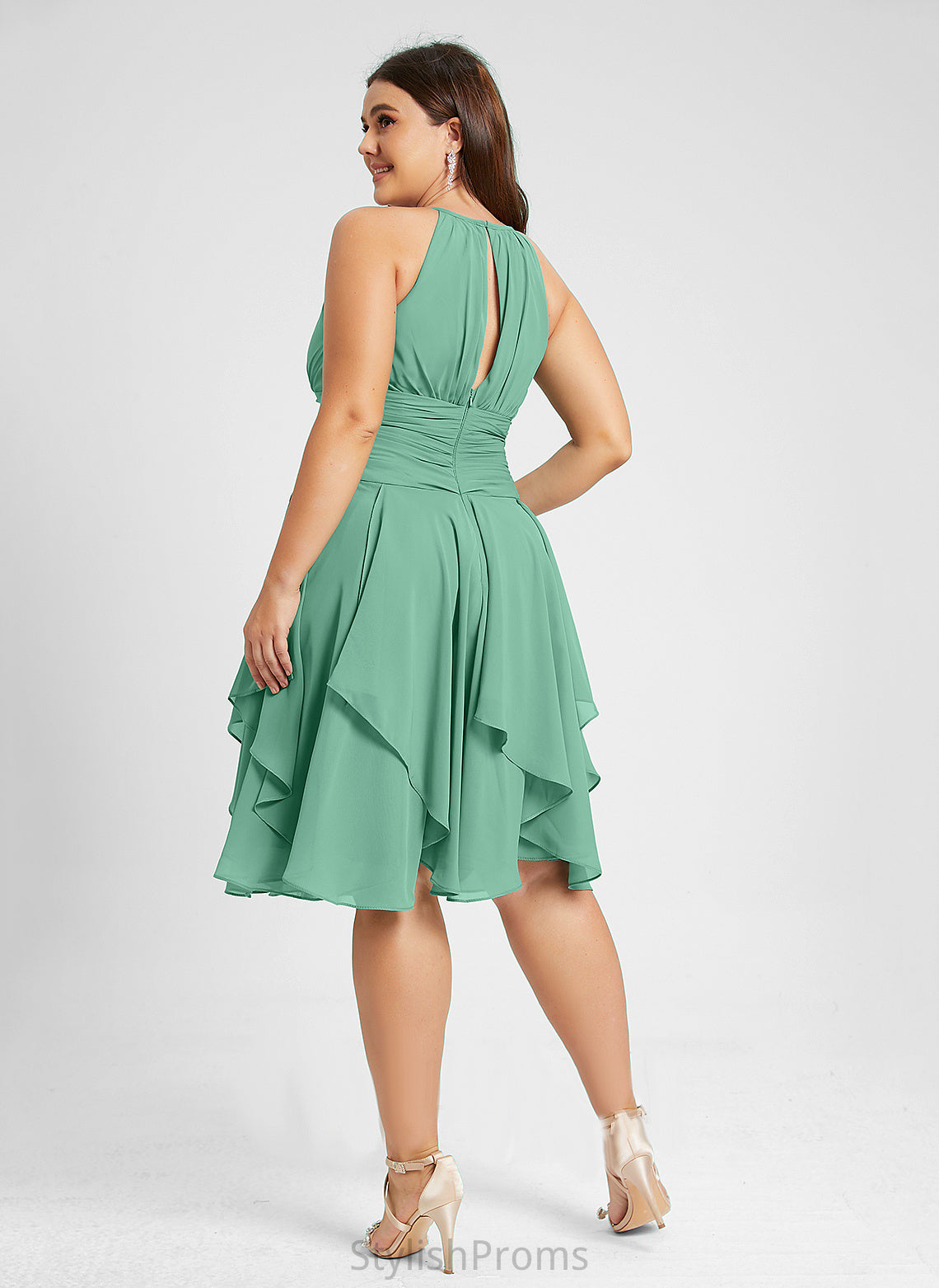 Elisabeth Ruffles Chiffon Scoop Cocktail Dresses Cocktail Neck Ruffle Dress Cascading Knee-Length With A-Line