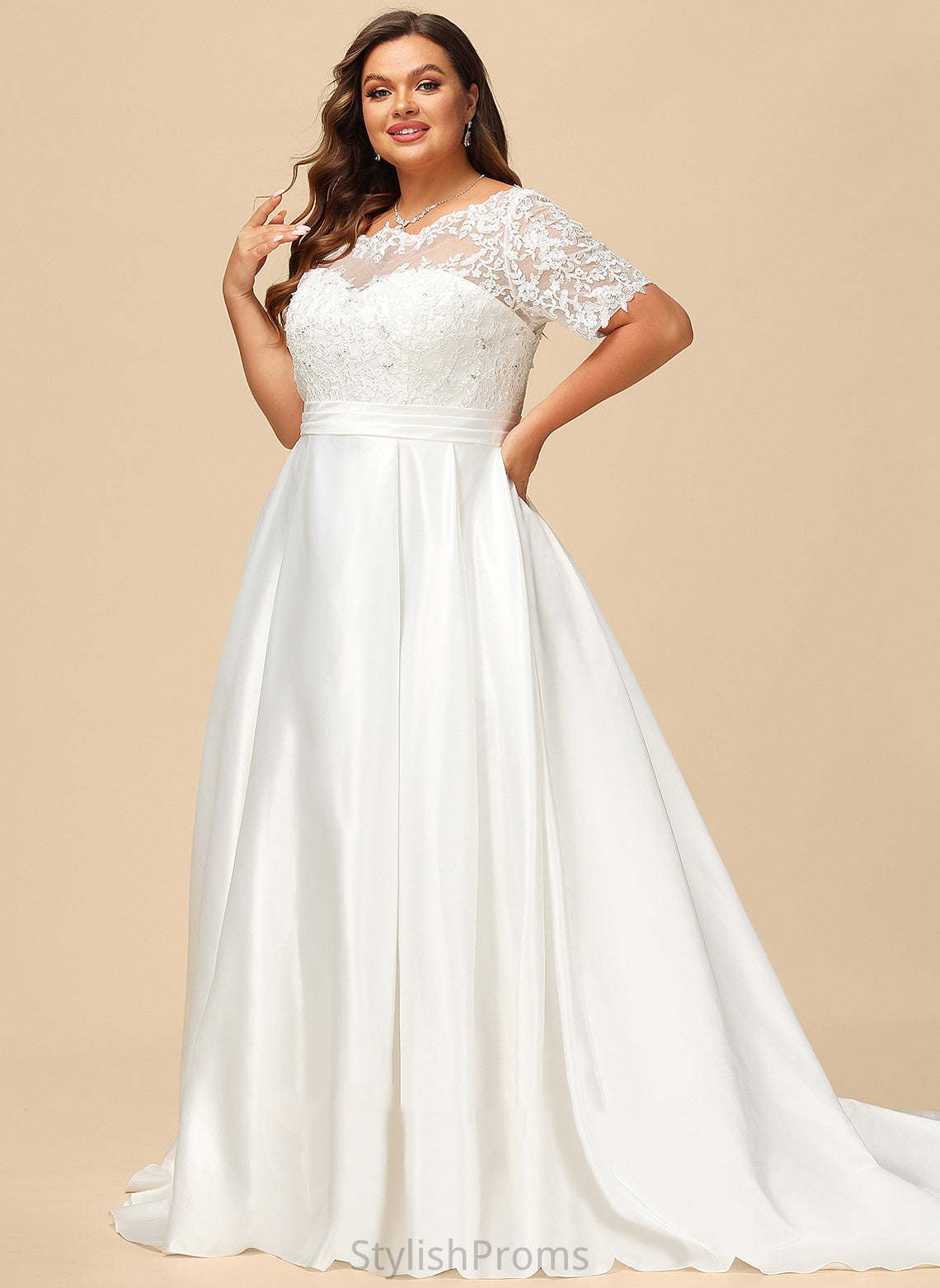 Beading Court Wedding Dresses Kiera Lace Wedding Sequins Train Pockets Satin With Dress Ball-Gown/Princess