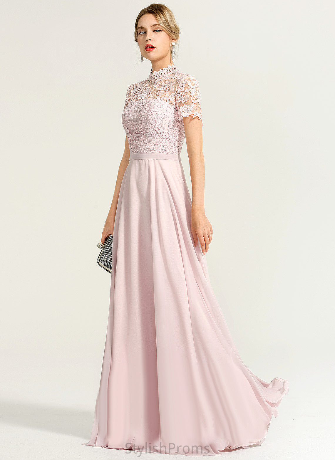 A-Line Illusion Neckline Length HighNeck Lace Silhouette Straps&Sleeves Fabric Floor-Length Saige Floor Length Bridesmaid Dresses