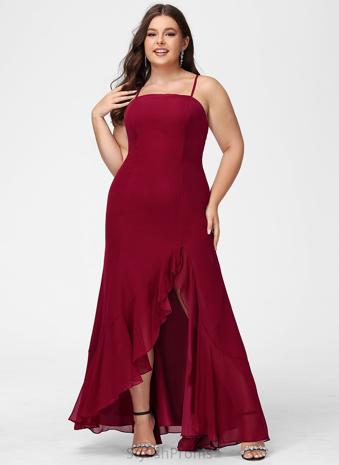 Trumpet/Mermaid Embellishment Ruffle Length Fabric SquareNeckline SplitFront Floor-Length Neckline Silhouette Yasmine Sleeveless Bridesmaid Dresses