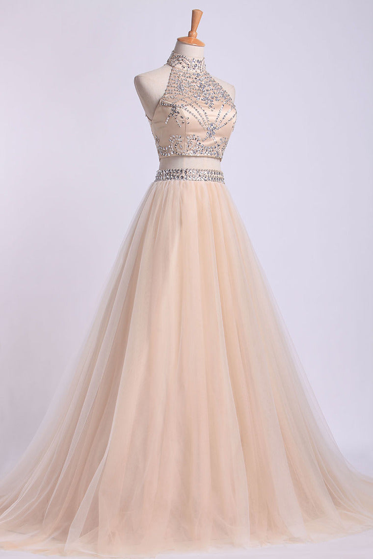 2024 Two-Piece High Neck Prom Dresses A Line Tulle With Beading