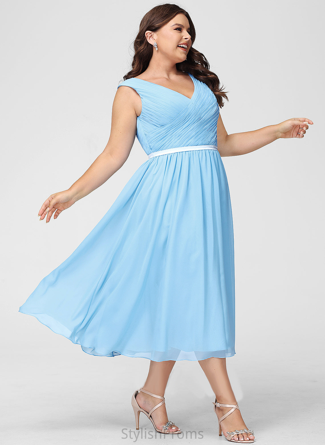 Chiffon With Cocktail Charmeuse Dress Tea-Length Cocktail Dresses Ruffle V-neck A-Line Luz