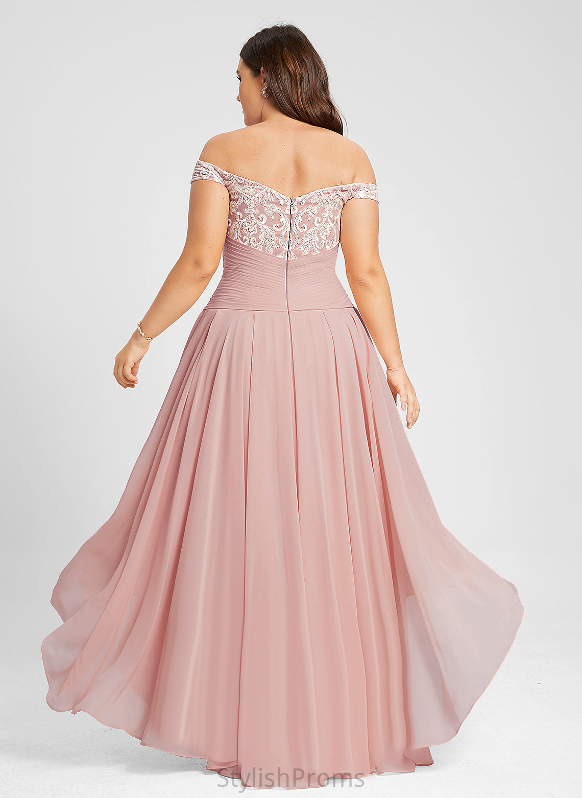 Off-the-Shoulder Asymmetrical Chiffon Prom Dresses Pleated Patti Lace With A-Line