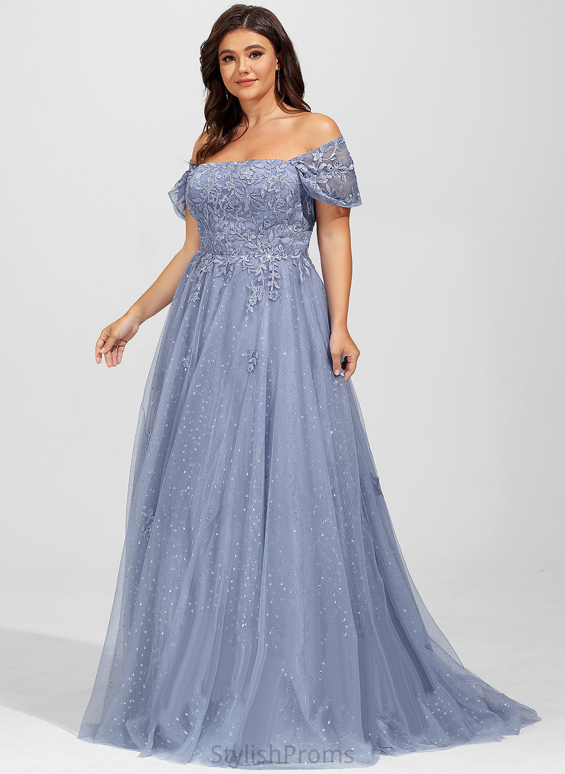 With Ashanti Sequins Lace Tulle Train Prom Dresses Sweep Off-the-Shoulder Ball-Gown/Princess