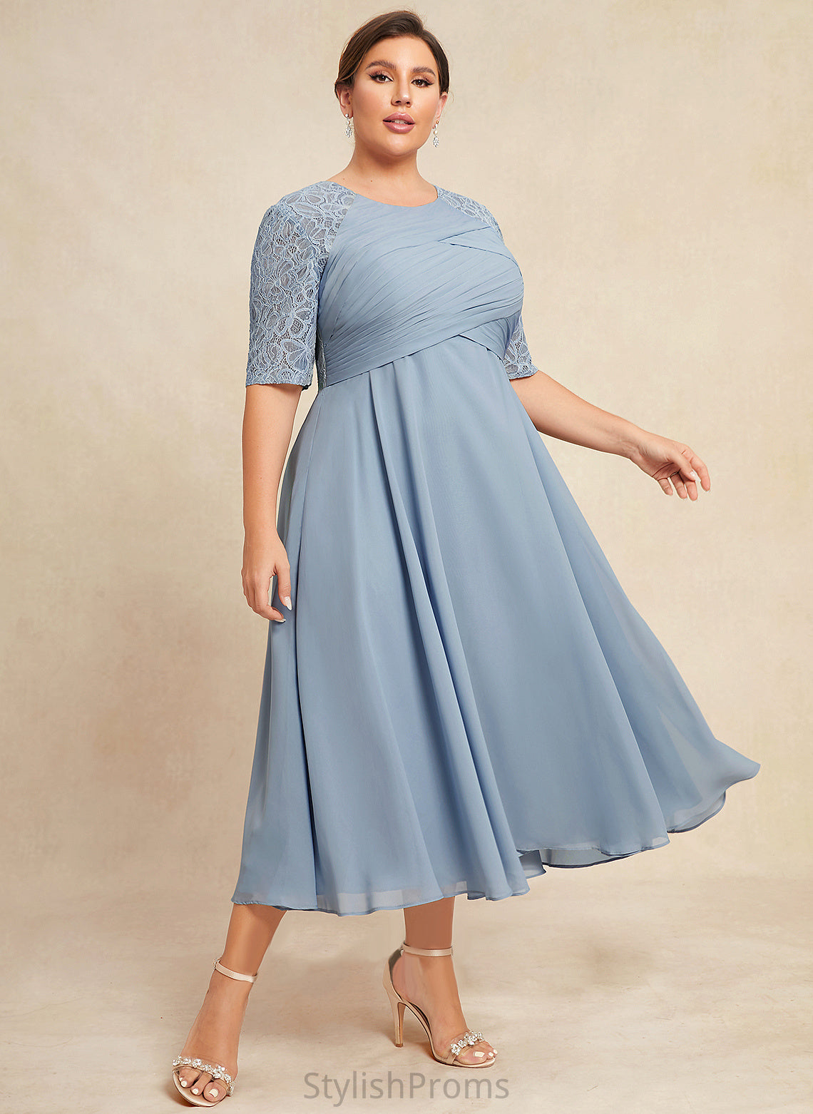 Lace Tea-Length Cocktail Scoop With Dress Cocktail Dresses Neck Chiffon Ruffle Averie A-Line