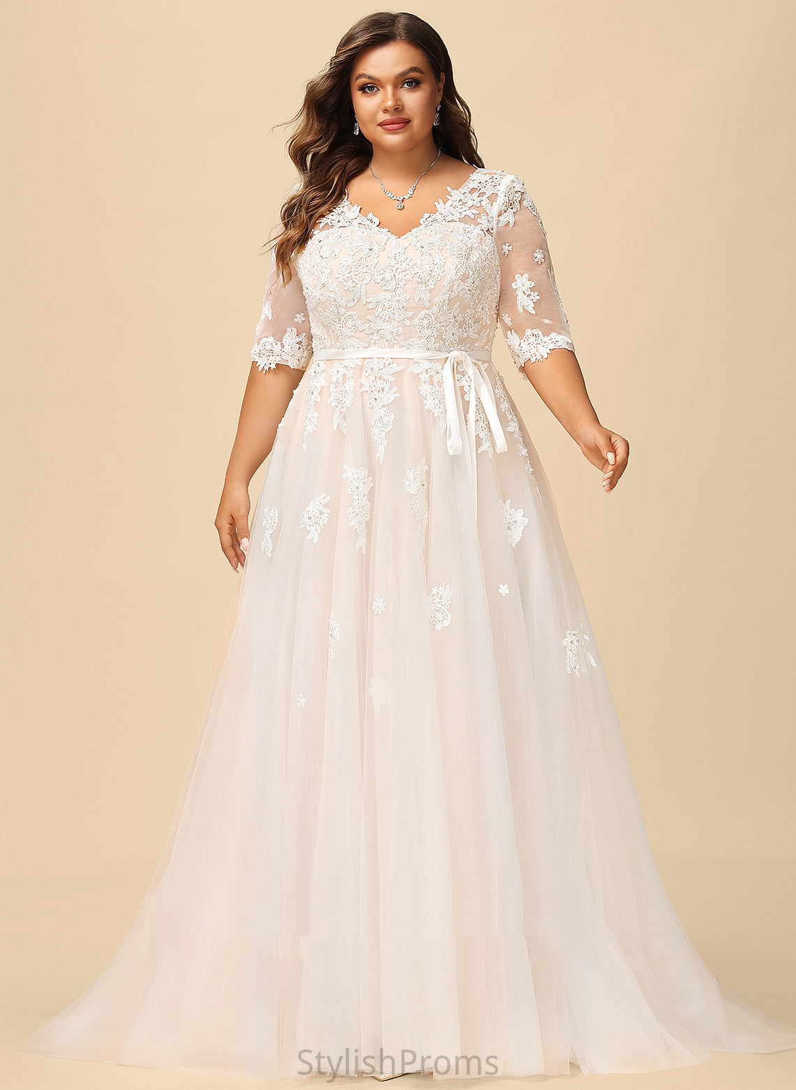 Bow(s) Lace Sequins Train Dixie Satin Dress Beading Court Tulle Appliques Ball-Gown/Princess Wedding V-neck With Wedding Dresses