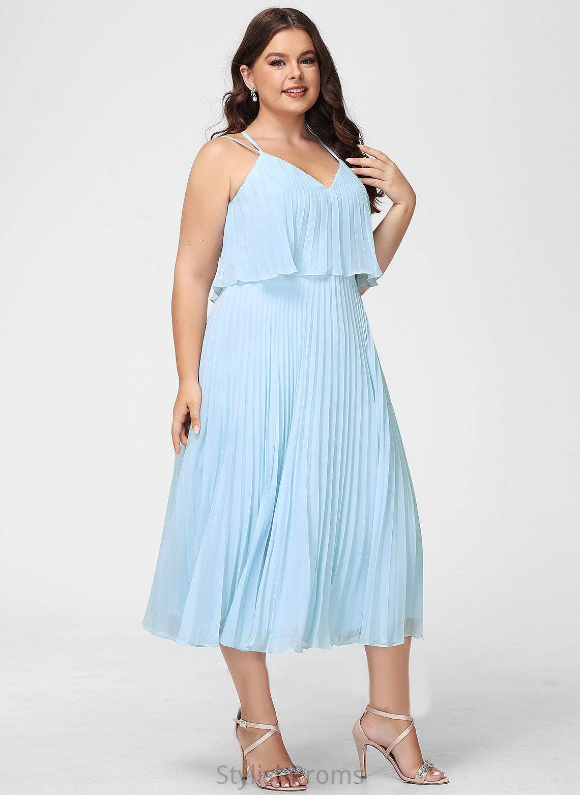 V-neck Dress A-Line Cocktail Dresses With Pleated Tea-Length Cocktail Charlotte Chiffon