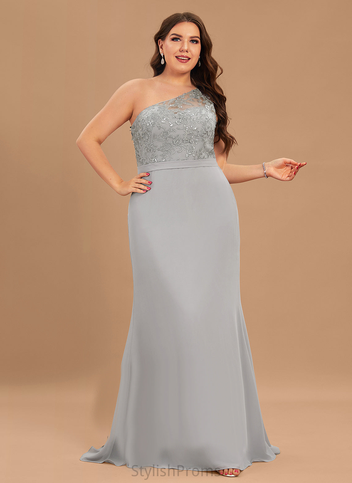 Silhouette Embellishment SweepTrain Length Trumpet/Mermaid Sequins Neckline Fabric One-Shoulder Roberta Half Sleeves Floor Length Bridesmaid Dresses