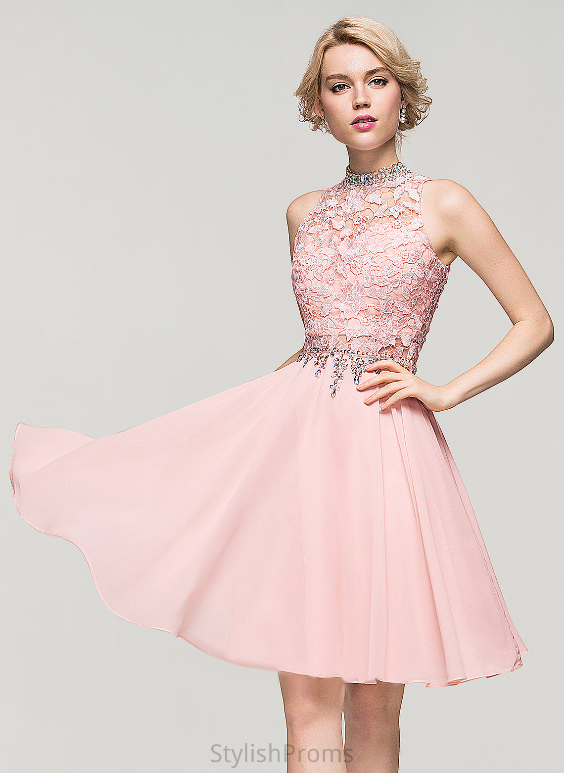 Beading Jaqueline Chiffon Lace Dress Lace A-Line Cocktail Dresses High Cocktail Neck Sequins Knee-Length With