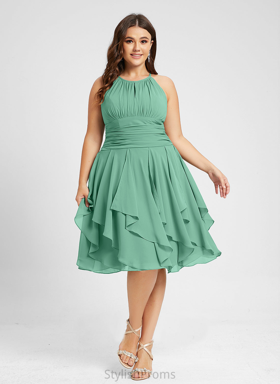 Elisabeth Ruffles Chiffon Scoop Cocktail Dresses Cocktail Neck Ruffle Dress Cascading Knee-Length With A-Line