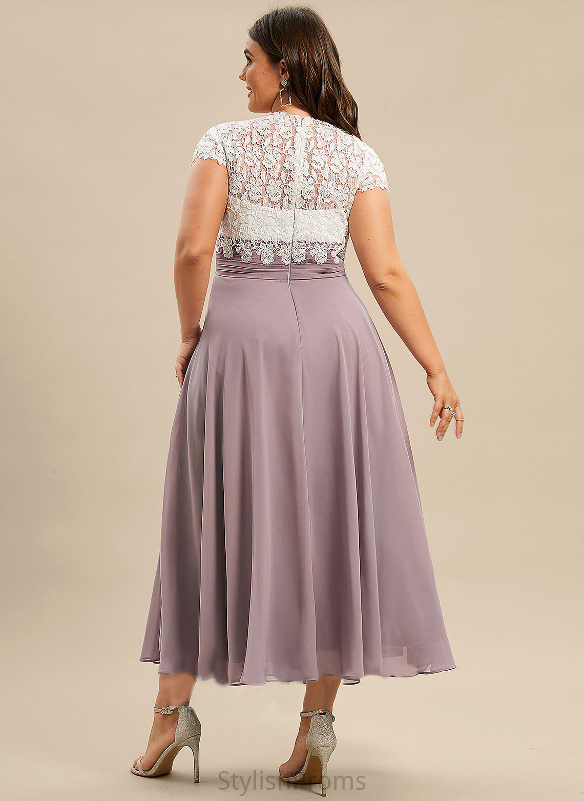 Cocktail V-neck Dress Tea-Length Briana Lace Cocktail Dresses A-Line Chiffon