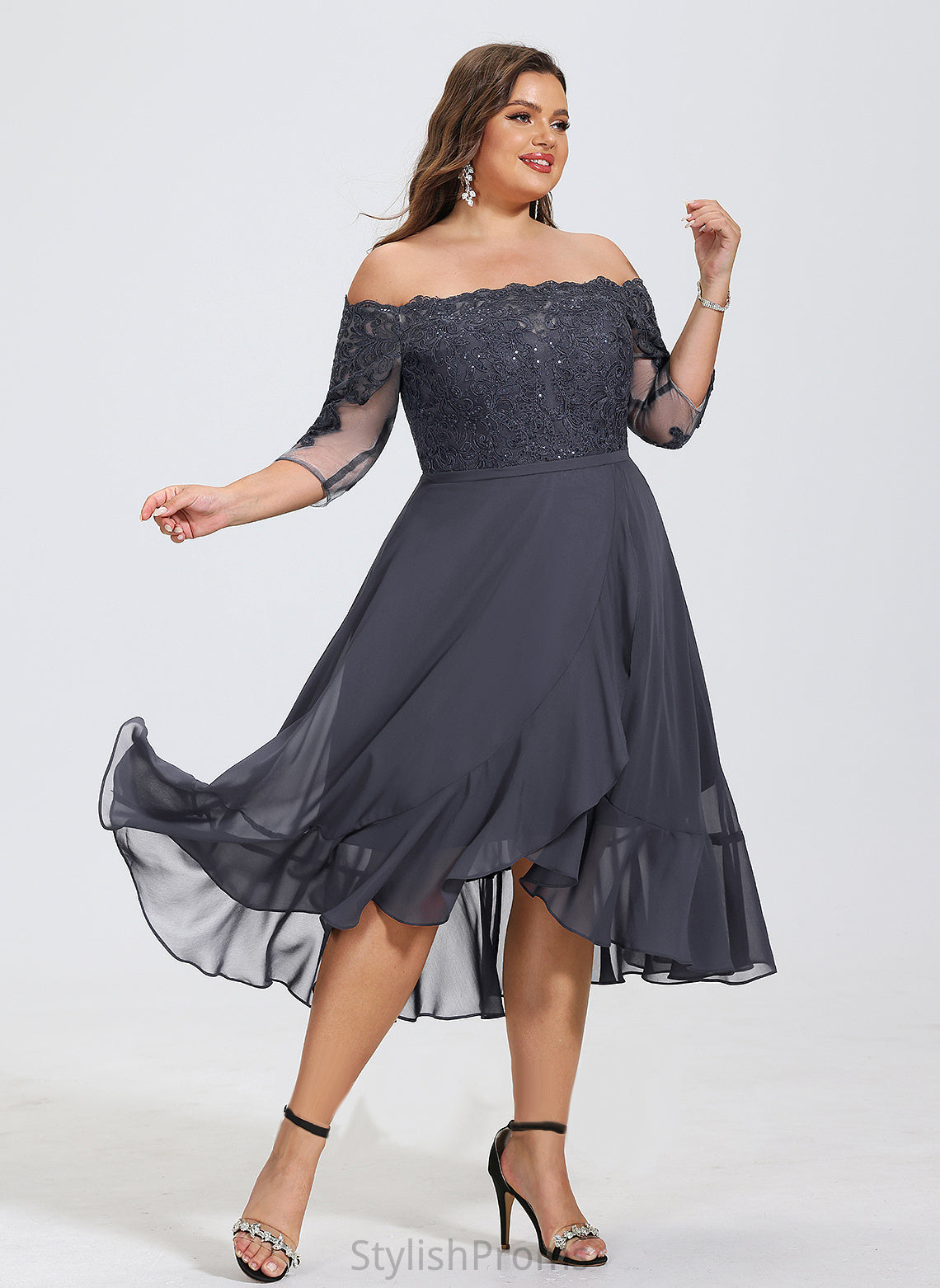 Asymmetrical A-Line Sequins Chiffon Cocktail Lace Dress Stephany Off-the-Shoulder With Cocktail Dresses