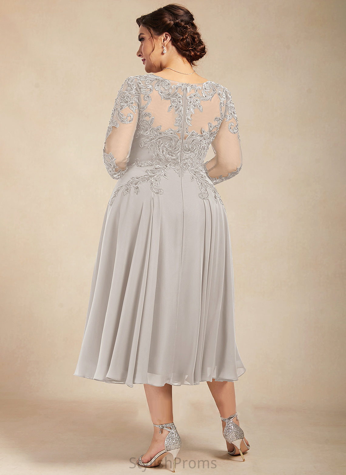 Tea-Length Lace Cocktail A-Line Melany Sequins Cocktail Dresses Scoop Chiffon Neck Dress Beading With