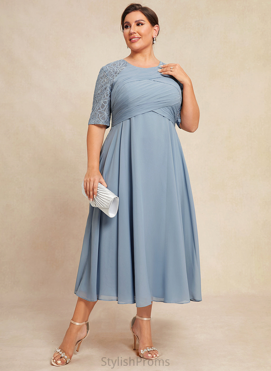 Lace Tea-Length Cocktail Scoop With Dress Cocktail Dresses Neck Chiffon Ruffle Averie A-Line