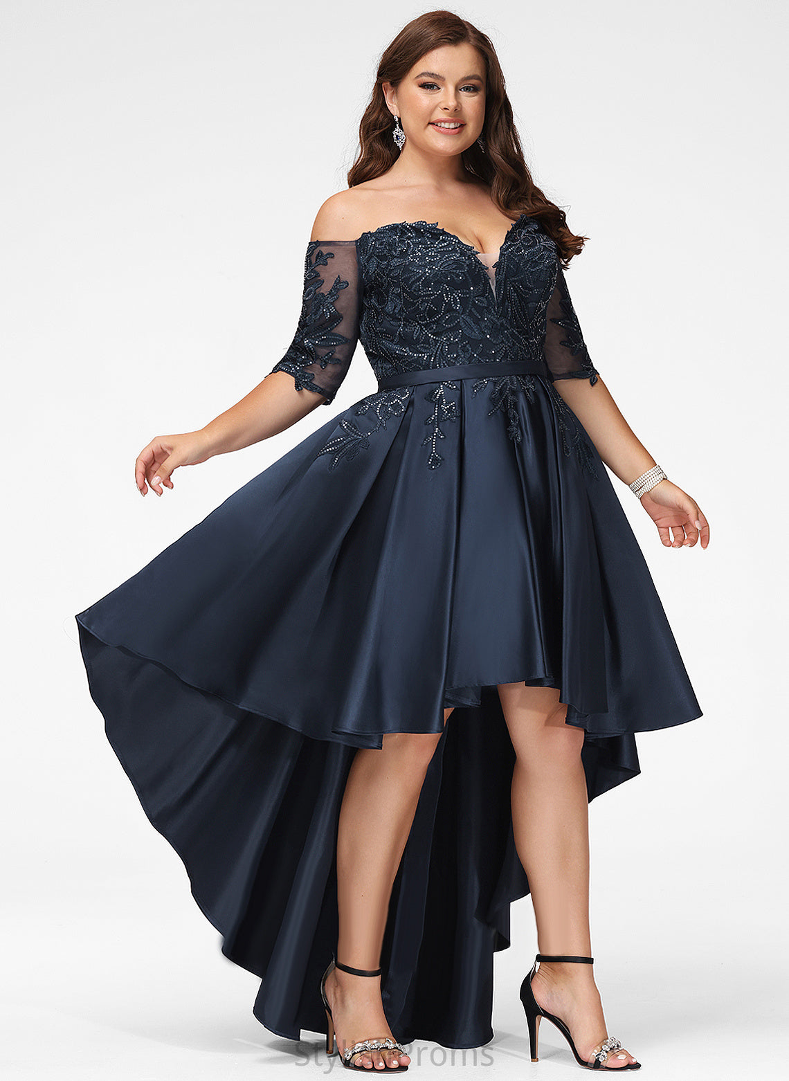 Sequins Off-the-Shoulder Asymmetrical Prom Dresses Destinee With Lace Satin A-Line