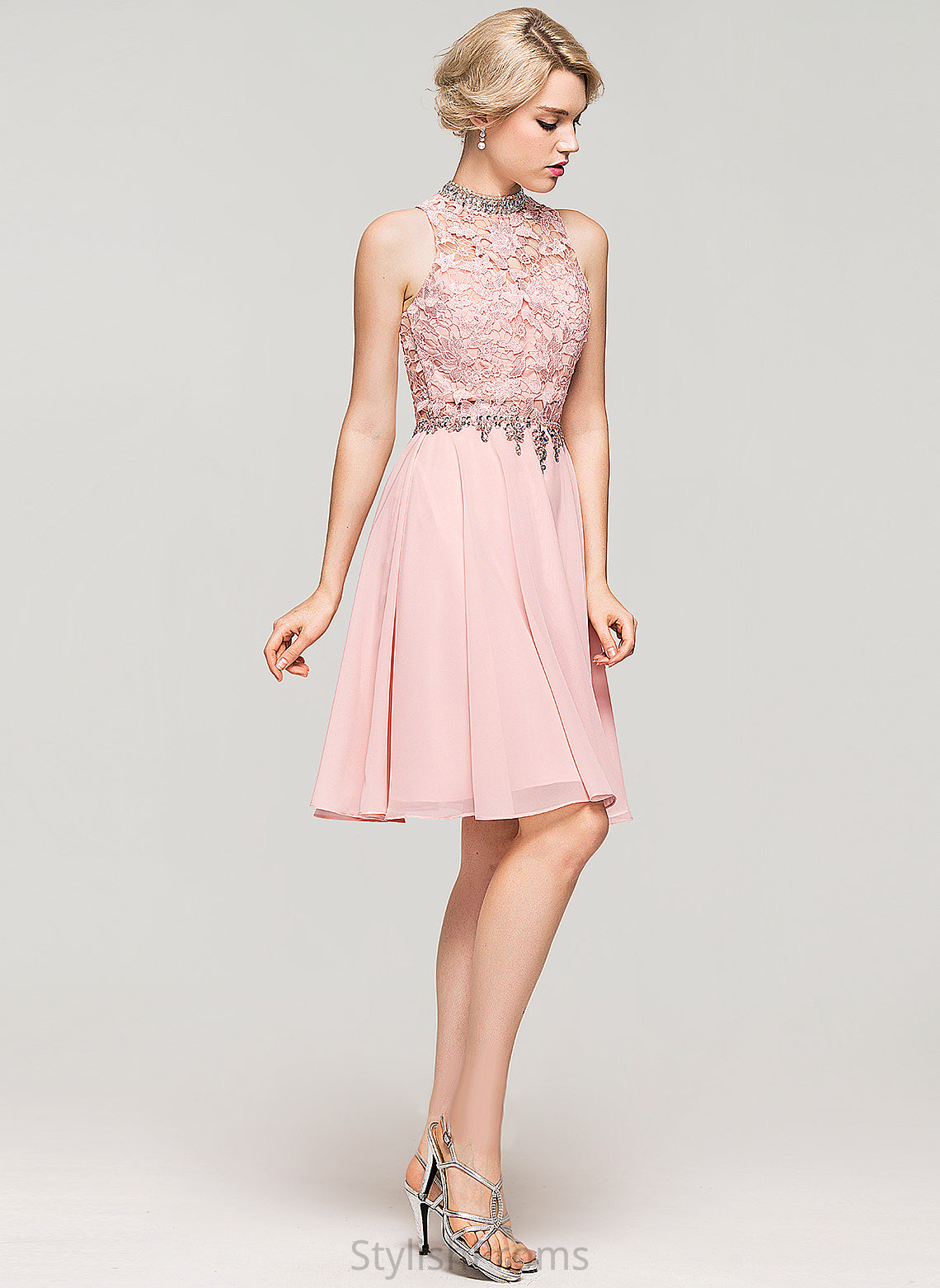 Beading Jaqueline Chiffon Lace Dress Lace A-Line Cocktail Dresses High Cocktail Neck Sequins Knee-Length With