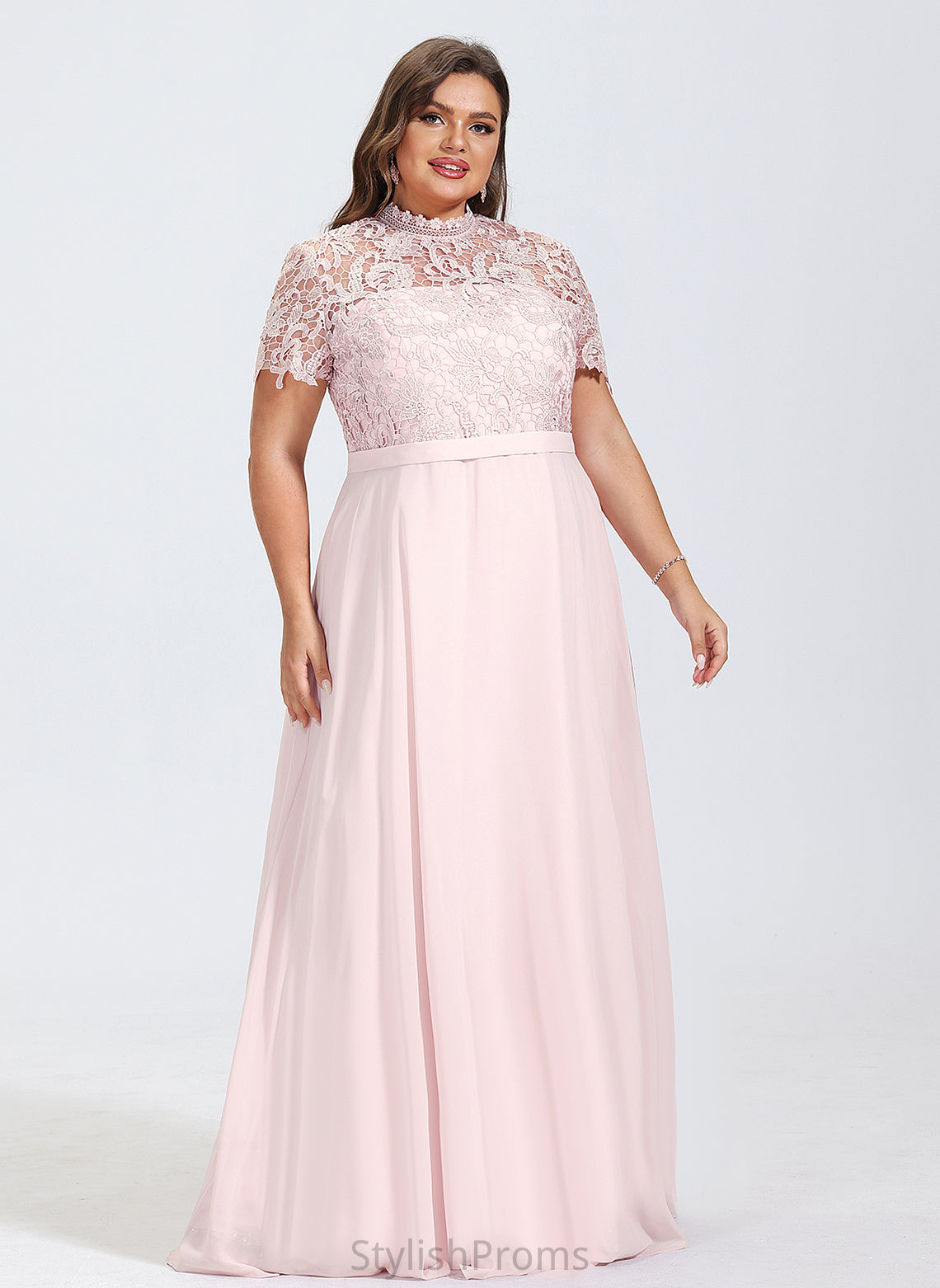 A-Line Illusion Neckline Length HighNeck Lace Silhouette Straps&Sleeves Fabric Floor-Length Saige Floor Length Bridesmaid Dresses