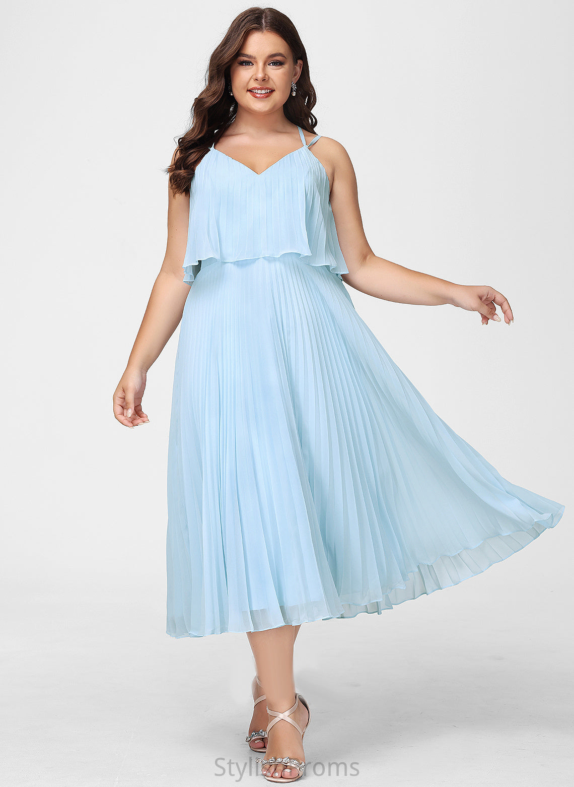 V-neck Dress A-Line Cocktail Dresses With Pleated Tea-Length Cocktail Charlotte Chiffon