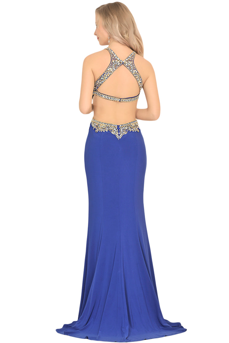 2024 Sexy Open Back Scoop Mermaid Prom Dresses Spandex With Beads And Slit