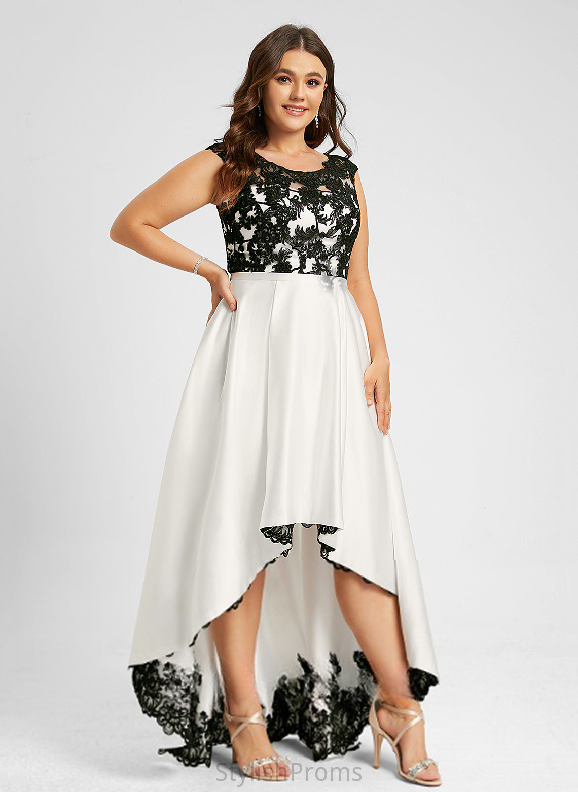 Lace Illusion Jayda Asymmetrical Satin A-Line Scoop Prom Dresses