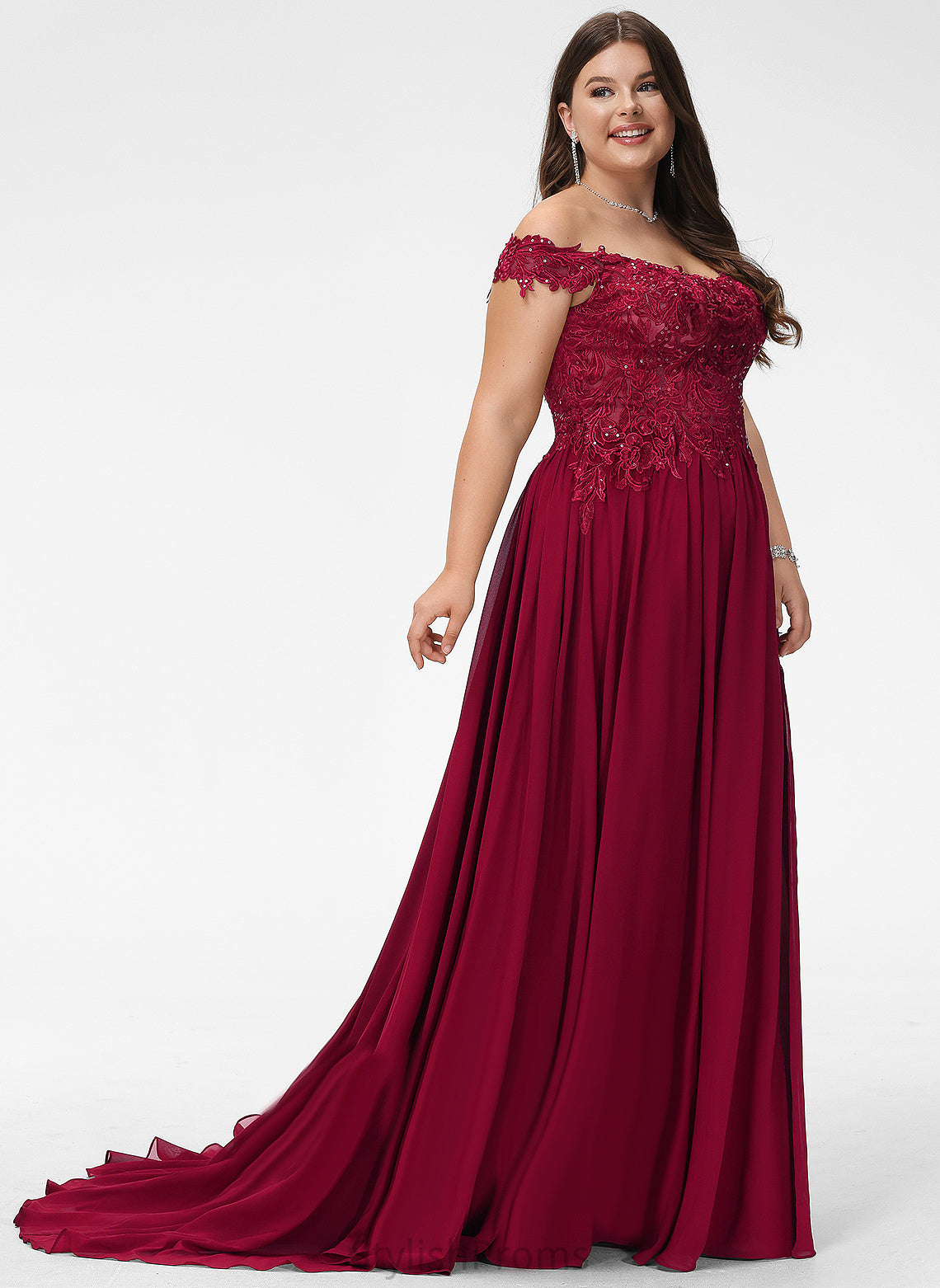 A-Line With Train Sweep Prom Dresses Off-the-Shoulder Sequins Lilyana Chiffon Lace