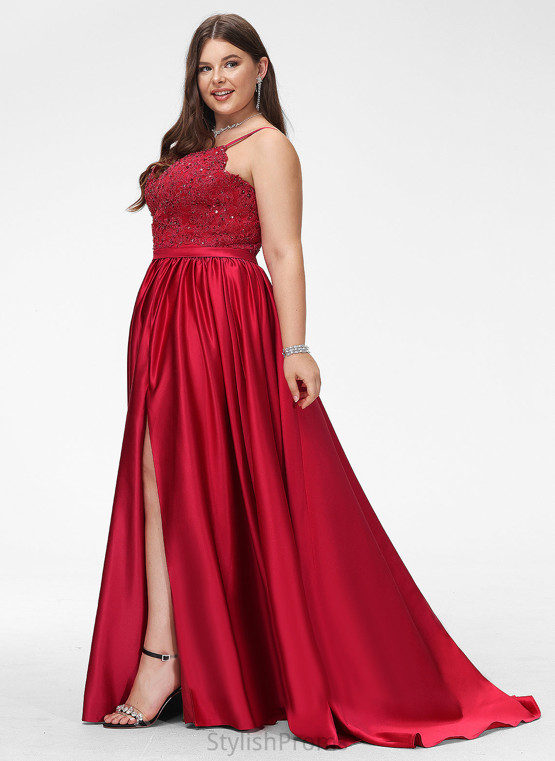 With Train V-neck Beading Lace Sequins Carley Ball-Gown/Princess Sweep Prom Dresses Satin