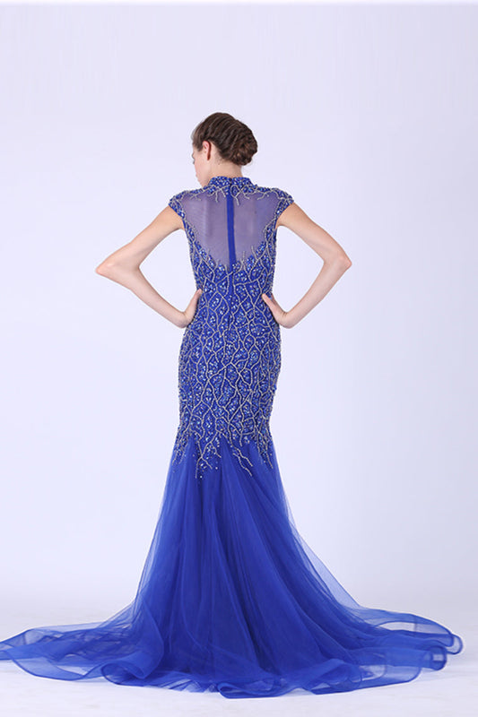 2024 Tulle Prom Dresses High Neck Mermaid With Beading Sweep Train