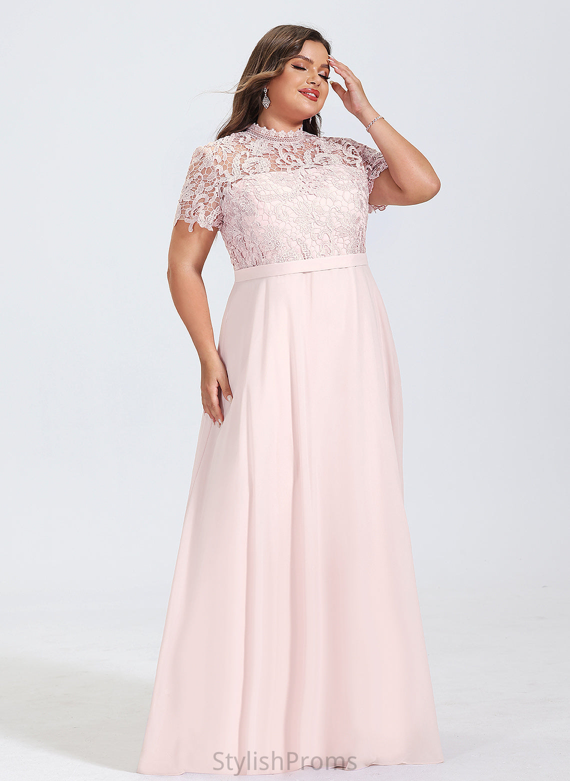 A-Line Illusion Neckline Length HighNeck Lace Silhouette Straps&Sleeves Fabric Floor-Length Saige Floor Length Bridesmaid Dresses