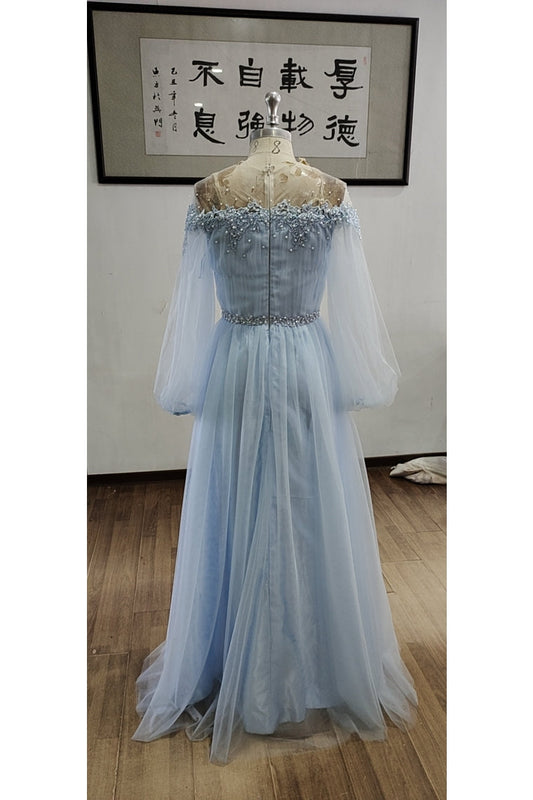 Off The Shoulder Long Sleeves Prom Dresses A Line Tulle  With Beads And Slit