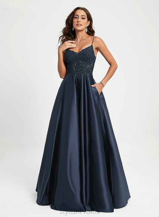 With A-Line Floor-Length Prom Dresses V-neck Cora Satin Sequins Lace