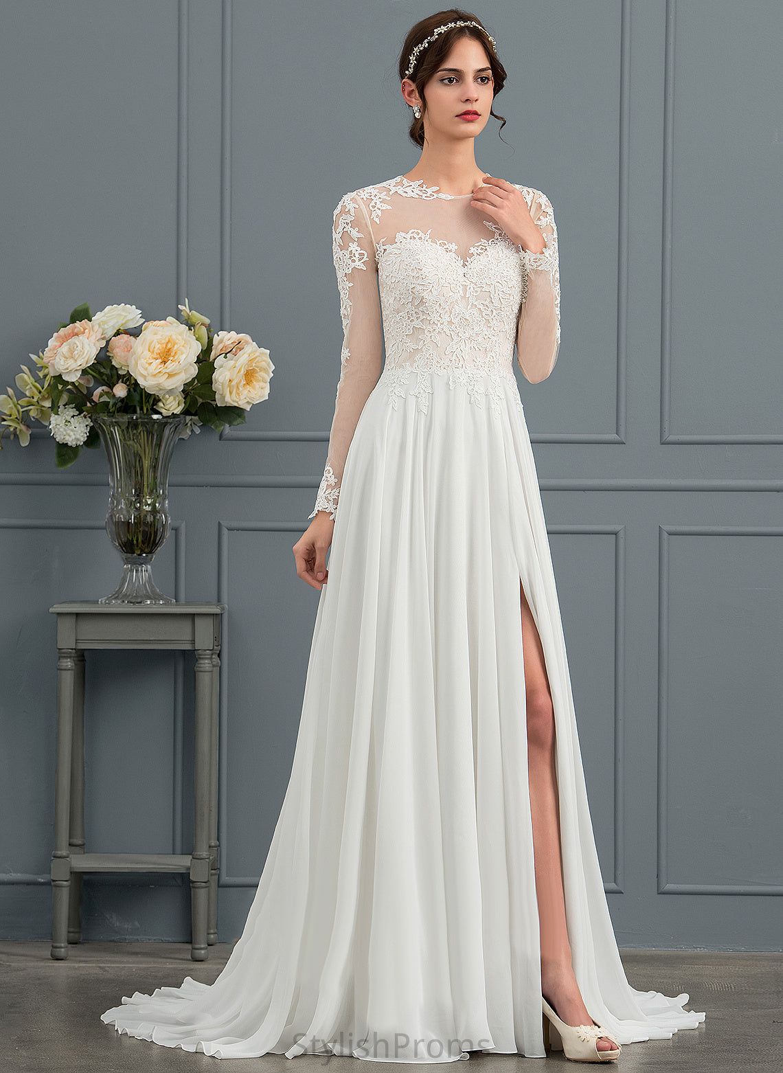 A-Line Illusion Tulle Sweep Chiffon With Train Wedding Dresses Dress Sharon Appliques Wedding Lace Split Front