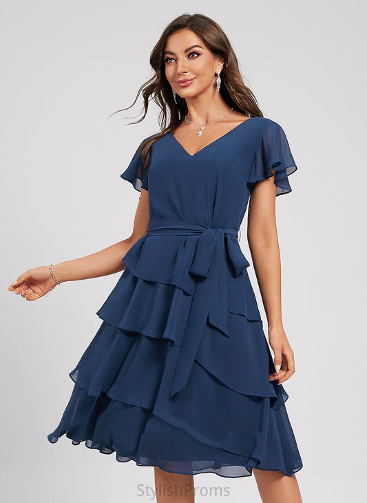 Dress Cocktail Dresses Chiffon With Sash Leticia Ruffle A-Line V-neck Cocktail Knee-Length