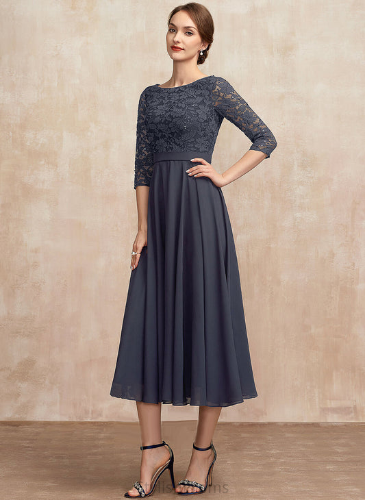 Kaitlynn Lace Sequins Tea-Length Scoop Cocktail Dresses With A-Line Neck Cocktail Chiffon Dress