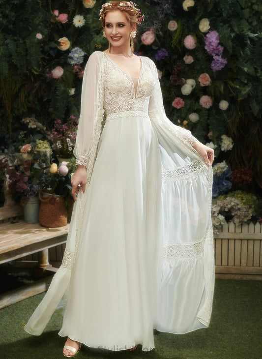 Wedding Dresses V-neck With Floor-Length Sequins Chiffon Wedding A-Line Lace Dress Gina