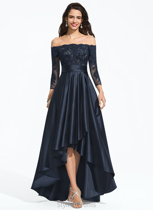 With Sequins Satin Prom Dresses Ruffle Lace Izabella Off-the-Shoulder A-Line Asymmetrical