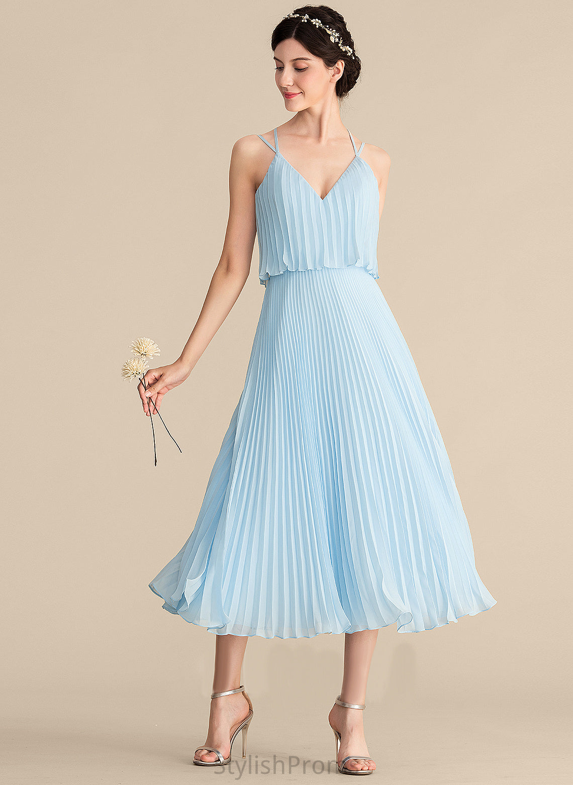 V-neck Dress A-Line Cocktail Dresses With Pleated Tea-Length Cocktail Charlotte Chiffon