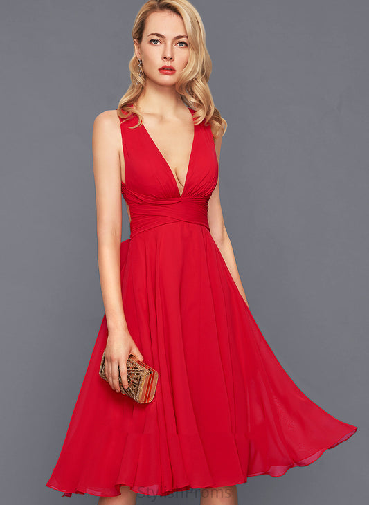 V-neck Dress Knee-Length Chiffon Cocktail A-Line Cocktail Dresses Ruffle Cierra With Bow(s)