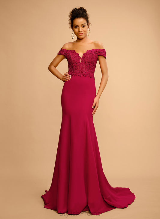 Sequins Trumpet/Mermaid Floor-Length Stretch Madyson Lace Prom Dresses Off-the-Shoulder Crepe With