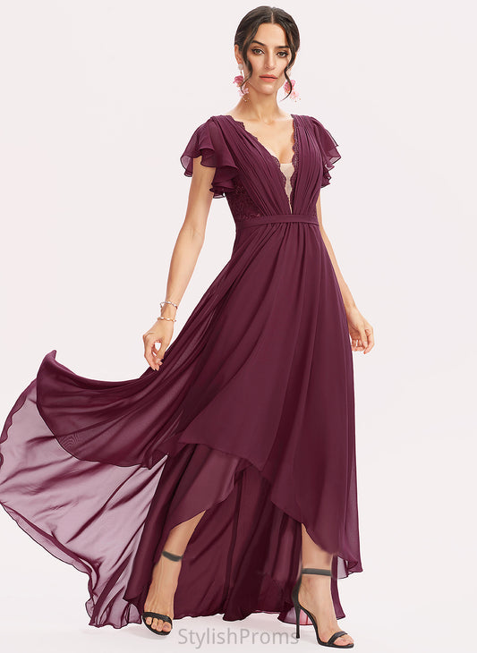 Ruffles Dress Asymmetrical Cocktail Cascading With Chiffon Tiffany V-neck A-Line Cocktail Dresses Lace