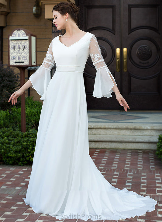 Dress Lace V-neck Wedding Beading Mollie Chiffon Court Wedding Dresses Train A-Line With